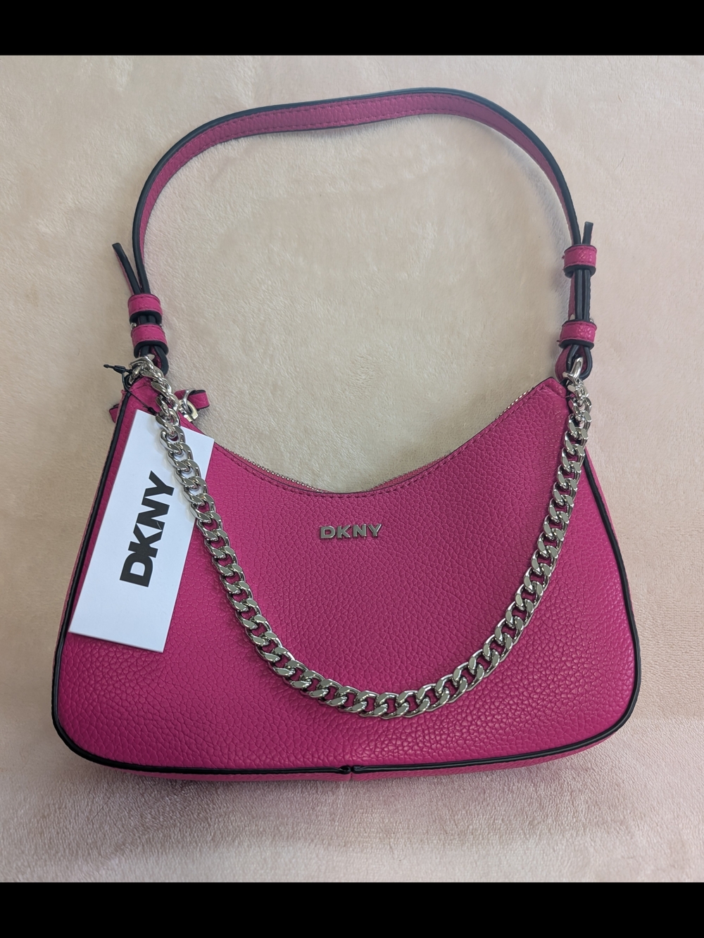 DKNY Pink Pebbled Leather Shoulder Bag with Chain